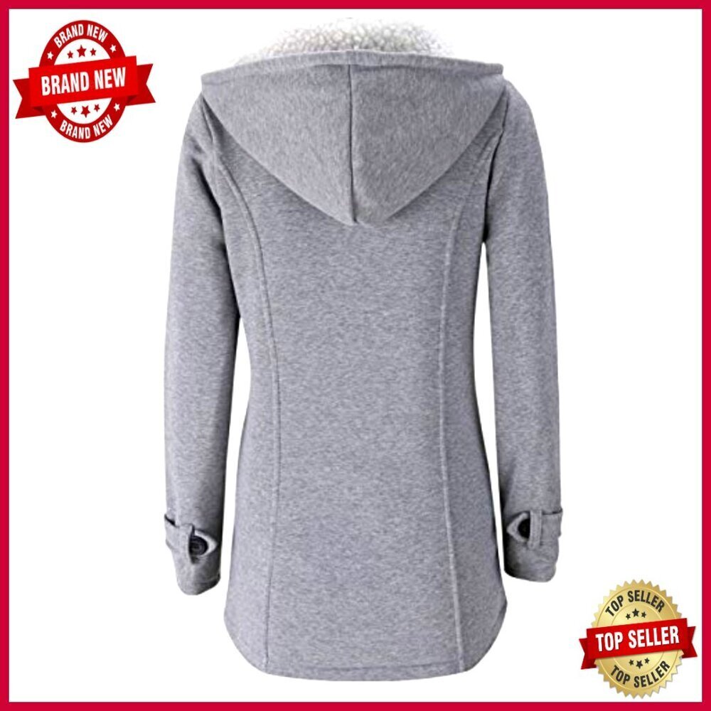 Warm Fleece Hooded Winter Jacket with Horn Button Closure Relaxed Fit - Picture 3 of 6